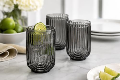 Glaver's Vintage Glassware Art Deco Glasse Ribbed Drinking Glasses U-Shape Arch Design Colored Cocktail Kitchen Tumblers Everyday Dinner Decorative Party (Smoke S/4 17oz) by Glaver's - Image 8
