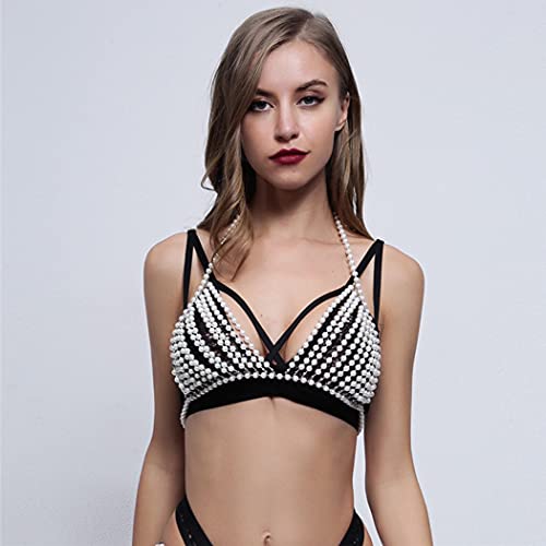 Salliy Boho Body Chain Bra Silver Sexy Rhinestone Bikini Bra Body Halter Backless Sequins Chain Bra Beach Body Accessories Jewelry For Women And Girls (Pearl) #TOP4