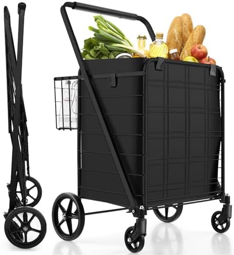 Folding Grocery Cart on Wheels, Metal Utility Trolley with Removable Liner & Back Basket, Foam Handle, Lightweight Shopping Push/Pull Cart for Easy Transport