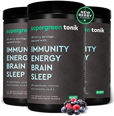 SUPERGREEN TONIK 100% Natural Greens Superfood Powder – Daily Supplement with 38 Superfoods, Vitamins and Minerals – Supports Energy, Stress, Sleep, Immunity – 30 Days 378 Grams Berry Flavor (3 Tubs)