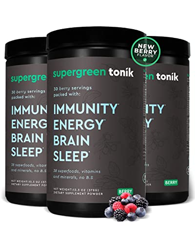 Supergreen Tonik 100% Natural Greens Superfood Powder – Daily Supplement With 38 Superfoods, Vitamins And Minerals – Supports Energy, Stress, Sleep, Immunity – 30 Days 378 Grams Berry Flavor (3 Tubs) #TOP3