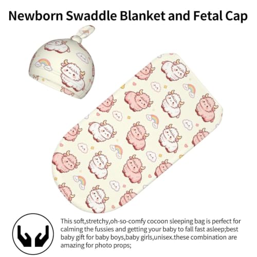 Image of Lcokin Highland Cow Baby Stuff Swaddle Blanket with Hat, Newborn Receiving Blanket
