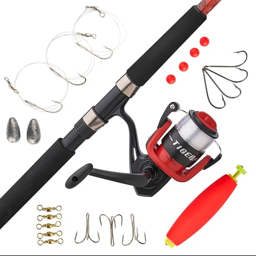 Shakespeare Tiger Catfish Mossy Oak Spinning Reel and Fishing Rod Combo with Tackle Pack, 9' 2-Piece Fishing Rod, Tubular Fiberglass Rod Blank Construction, Comfortable and Durable EVA Handle