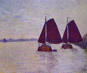 Peinture à l'huile Barges on The River Scheldt 1892 Theo Van Rysselberghe 20x24 Pouces