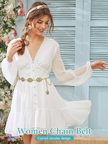 Image of FIORETTO Western Waist Chain Belt Metal Concho Belt for Women Cowgirl Cowboy Boho Country Belt for Dress Jean