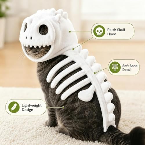 Cat Dinosaur Costume, Catsaur Costume, Dinosaur Costume for Dogs, Soft Plush T Rex Halloween Outfit, 3D Skeleton Design Glow in the Dark, Realistic Dinosaur Skeleton Costume for Pet - 4