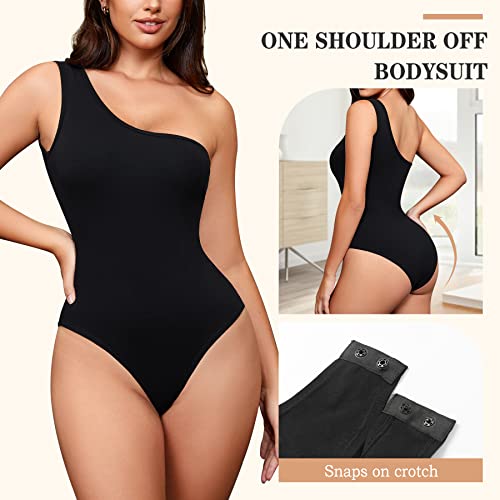 Irisnaya One Shoulder Off Bodysuit For Women Sleeveless Tank Top Solid Slim Fit Jumpsuit Thong Leotard One Piece Clubwear (Black, Large) #TOP1