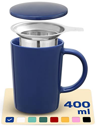 Taza de Te con Filtro y Tapa 400ml - Ceramica - Mantiene Caliente la Infusion - Azul Brillante Cover