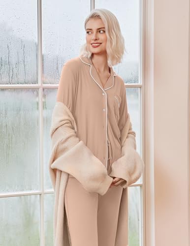 Image of Ekouaer Pajamas Women's Long Sleeve Sleepwear Soft Button Down Loungewear Pjs Lounge Set Nightwear XS-XXL