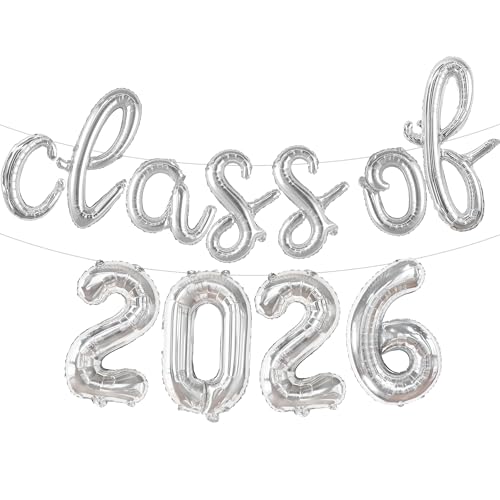 Image of KatchOn, Silver Class of 2026 Balloons Banner - Script, 16 Inch | Graduation Balloons 2026 Graduation Decorations 2026 | Class of 2026 Balloon for Grad Decorations