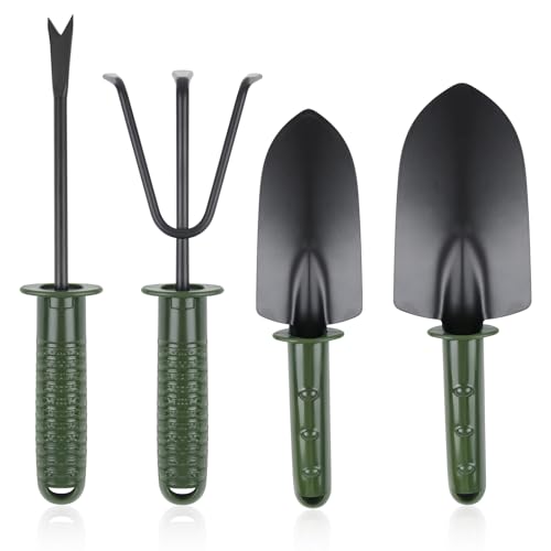 Garden Tool Set,4 Pieces Garden Tools Including Hand Shovel, Transplant Shovel,Weeder and Hand Rake with Non-Slip Handle, Idea for Transplanting, Weeding, Digging and Planting. Gardening Tools