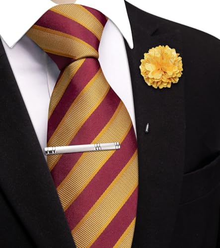 Image of Hi-Tie 63 inches Striped Paisley Extra Long Ties for Men Silk Necktie with Lapel Pin Tie Clip Big and Tall Men Formal Wedding