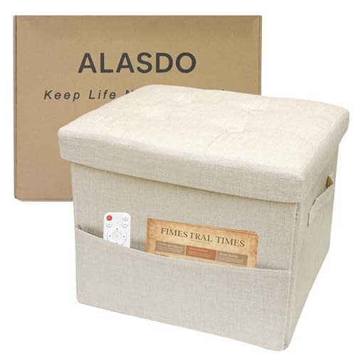 Image of ALASDO Storage Ottoman Footrest Stool Small Ottoman with Storage Foldable Ottomans Foot Rest Footstool Bench for Living Room 17x13x13inches Beige