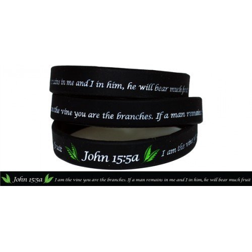 CTC Gifts John 15:5a Silicone Flourish Debossed Wristband Bracelet Christian - Black with White / Green Text