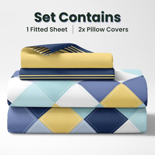 Image of LORETO - A QUALITY LINEN BRAND 144 TC 100% Pure Cotton Double /Queen Fitted Bedsheet with 2 Pillow Covers for 72 x 60 Inch, All-Around Elastic, 8 Inch Deep Pocket, Vivid Blue and Yellow Checkered