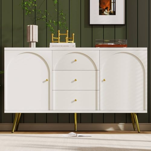 PUGSDRLY Buffet Commode avec 2 portes et 3 tiroirs avec façade incurvée, multifonctionnelle, pour salle à manger, blanc crème (140 x 40 x 84 cm)
