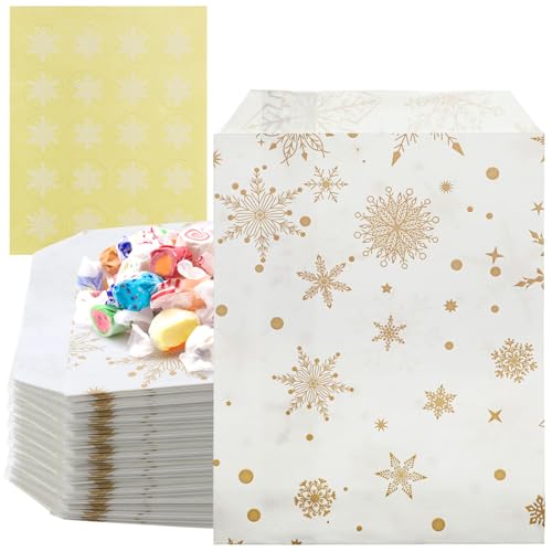 Cholemy 200 Pcs Winter Kraft Treat Bags Snowflake Gift Bags with Sealing Stickers Holiday Small Paper Goodie Favors for Winter Holiday Party(White Background, Gold Snowflake)