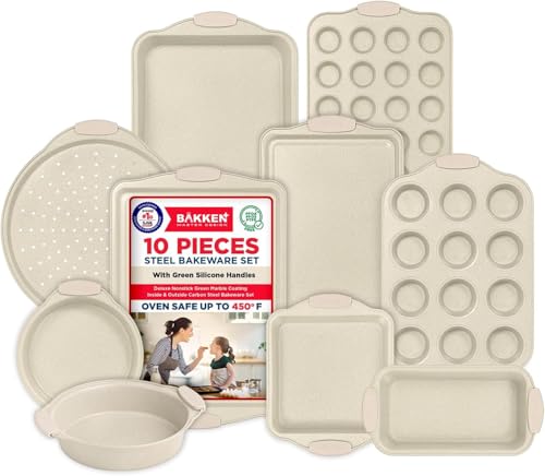 BAKKENMASTER 10-Piece Nonstick Bakeware Set – Heavy-Duty Carbon Steel Pans with White Silicone Handles, White Marble Coating, Oven Safe to 450°F, PFOA/PFOS/PTFE-Free, Dishwasher Safe by BAKKENMASTER - Used condition - US$38.01