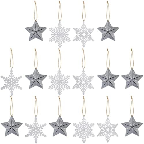 Hotop 16 Pieces Metal Snowflake and Star Ornaments Rustic Winter Glitter Christmas Tree Silver Hanging Xmas Decorations for Wedding Holiday Party Country Room Decor 4 Styles