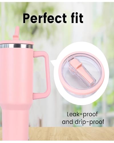 Image of 40oz Tumbler Replacement Flip Straw Lid Pack of 2 - Leak Proof BPA Free Lid with 2 Reusable Straws, Splash Resistant Flip Top Cover Compatible with Stanley 40 oz Quencher H2.0 Tumbler (Pink)