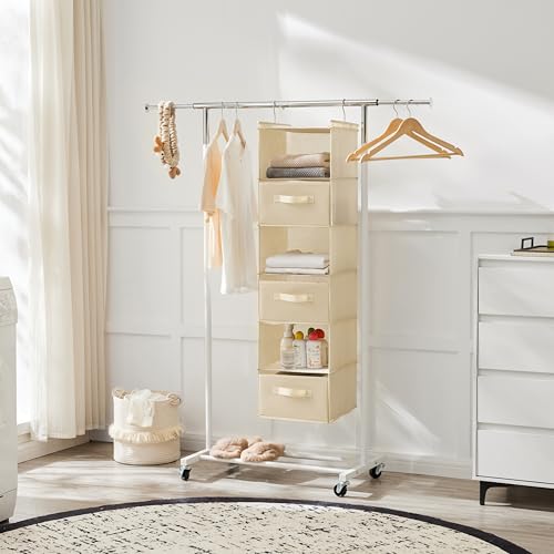 Image of MAX Houser 6 Tier Shelf Hanging Closet Organizer, Closet Hanging Shelf with 2 Sturdy Hooks for Storage, Foldable (Beige-D3)