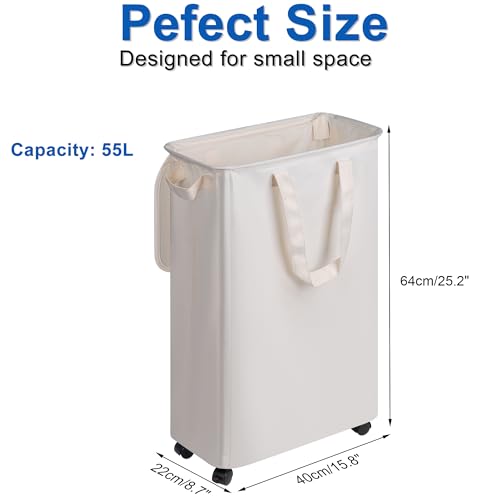 Vincona Slim Laundry Hamper with Lid and Wheels, Small Rolling Laundry Basket with Handle for Small Spaces, Tall Dirty Clothes Hampers for Dorm, Bathroom and Bedroom, 55L Beige — view 5