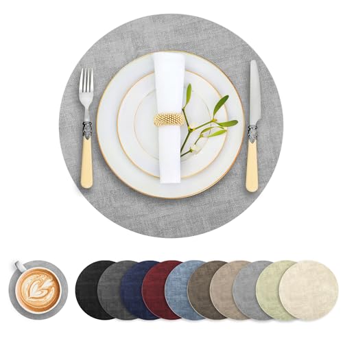 Round Faux Leather Placemats and Coasters, Set of 4, Reversible Heat Resistant Non-Slip Table Mats, Waterproof Wipeable Place Mats for Dining Table, Washable for Indoor & Outdoor (4, Light Grey)