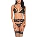 Produktbild Sexy Dessous Set mit Spitze BH String Strapse Strümpfe Damen Reizwäsche Lingerie Babydoll Dessous Blumenmuster Schwarz für alltägliche Nacht Hochzeit Flitterwochen Urlaub