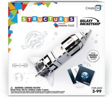 CreateOn Magna-Tiles Structure™ Building Set for Kids, Galaxy Rocket Magnetic Tiles, Kids’ Building Toys, STEM Toys for Boys and Girls Ages 3+, 24 Pieces