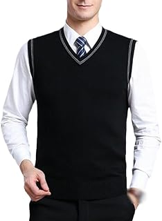 REHJJDFD Men's Knitted Sleeveless Wool Sweater Male Solid Color V-Neck Casual Sweater Vest