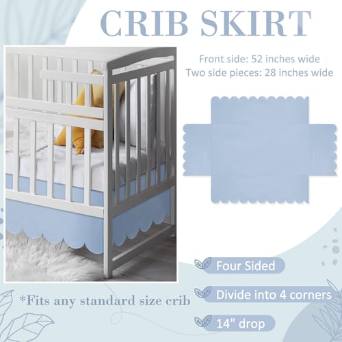 Hahafelt Blue Scalloped Crib Skirt 28"x 52" with 14" Drop Pleated Dust Ruffle with Split Corners for Baby Boys Girls Soft 4-Sided Crib Bed Skirt Nursery Standard Toddler Bedding by Hahafelt - Image 2