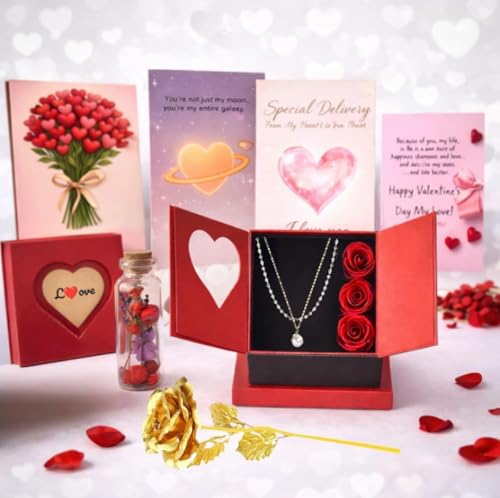 Image of Yadava Artificial Red Rose Flower for Valentine Day Gift Romantic Gift for Girlfriend Boyfriend Husband Wife | Cute Star Keychain, Message Bottle & Love Cards in Premium Gift Box (Vint LoveBox)