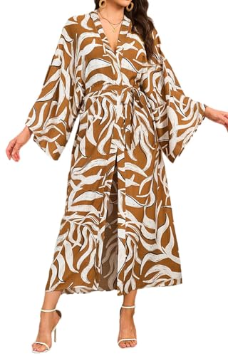Image of Orshoy Womens Kimono Beach Cover Up Dresses Loose Cardigans Bathrobes Loungewear Dressing Gown Free Size Mustard Brown