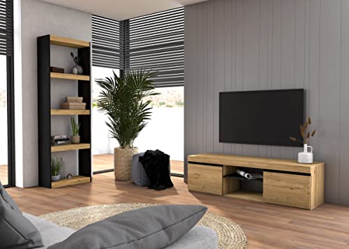 Skraut Home | Ensemble de Salon Naturale | Salle à Manger | Bureau | Mobilier Modulaire | Meuble TV 140cm | Bibliothèque/Etagère Couleur Chêne/Noir | Style Moderne