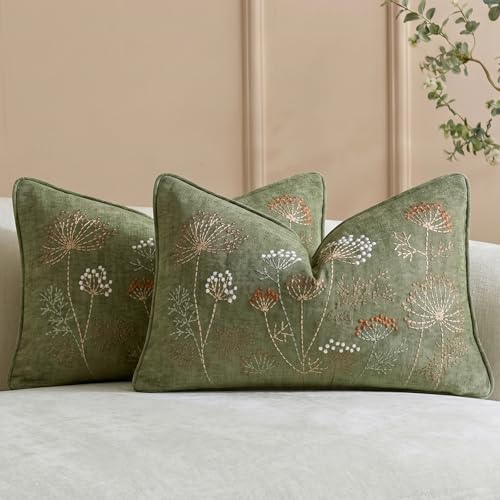 Image of HOSTECCO Set of 2 Embroidered Lumbar Cushion Covers 30x50 cm, Chenille Botanical Wildflower Decorative Rectangle Scatter Cushions, Sage Green Pillow Cases for Sofa Bed Farmhouse Decor