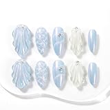 Sun&Beam Nails Handmade Press On Nail Medium Long Almond Oval Blue White Pearl Shell Fake Tip 3D Design Art Charms Cute with Storage Box 10 Pcs (#028 S)