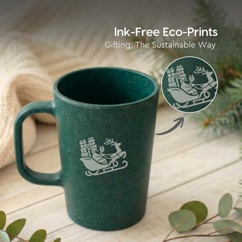 Image of Eha Earth-Friendly Christmas Gifts for Friends and Family | Secret Santa Gifts | Made with Rice Husk | Printed Christmas Mug and Coasters Set of 2, Keychain & a Loopac Box | 350 ml | Fern
