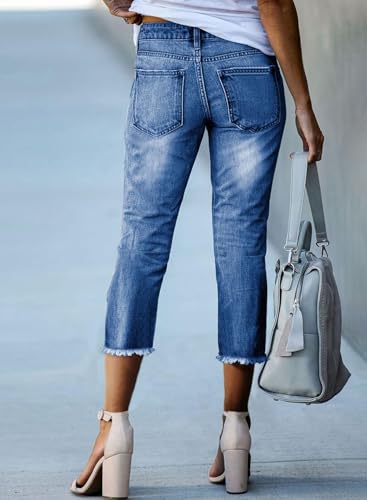 Sidefeel Women's Capri Jeans High Waisted Stretchy Straight Leg Trendy 2025 Raw Hem Capri Pants Sky Blue Size 122