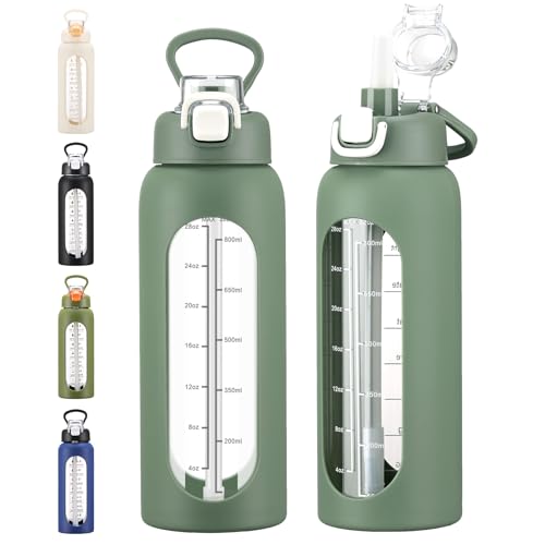 chunmo 32 oz Glass Water Bolttles with Straw Large Motivational Water Bottle with Time Marker Sports Water Bottles with Silicone Sleeve and Handle Lid Water Jug for Gym Workout