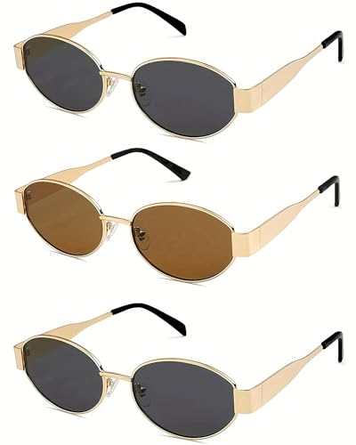 Retro Oval Sunglasses for Women 3-Piece Set Lightweight Metal Frame UV400 Protection Trendy Classic Shades