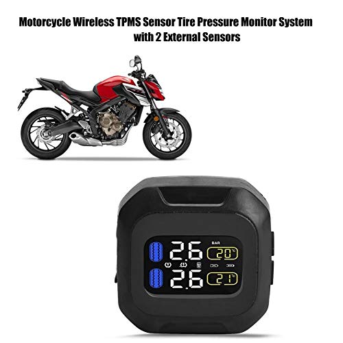 EBTOOLS Motorcycle Wireless TPMS display unit mounted on a motorcycle handlebar from a wider perspective.