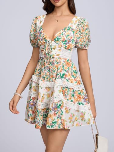 Image of hibshaby Women's Floral Patchwork Dress V Neck Lace Layered Ruffle Flowy Babydoll Dress Puff Sleeve Tiered Mini Sundress