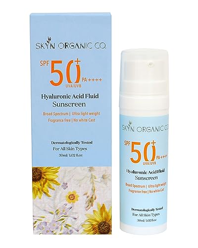 Image of Skyn Organic Co. Hyaluronic Acid Fluid Sunscreen Cream SPF 50 (PA++++) Broad Spectrum(UVA /UVB) Protection for Men And Women, Hydrating, Ultra Light Weight, 100% No-White Cast, All Type Skin 30 ML