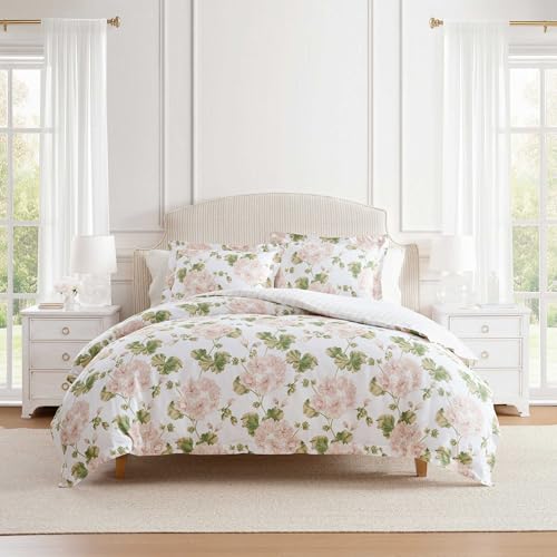 Image of Martha Stewart - Queen Comforter Set, 100% Silky Smooth Cotton Sateen Floral Bedding for Year Round Comfort, 3 Piece Bed Set with Matching Pillowcases (Geranium Bloom Pink)