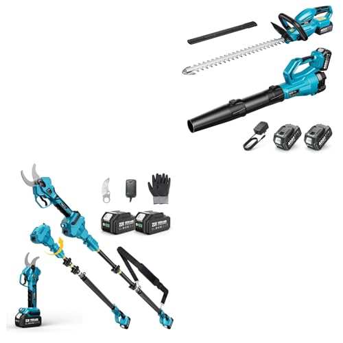 SEESII Cordless Hedge Trimmer and Leaf Blower Combo, 2 Pcs 4.0Ah Batteries+SEESII Pole Electric Pruning Shears: 1.8" Cutting Diameter 2-in-1 Cordless