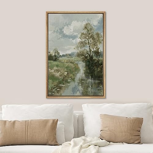 SIGNWIN Framed Canvas Print Wall Art River Through Spring Forest Field Nature Wilderness Modern Art Decorative for Living Room, Bedroom, Office - 24"x36" NATURAL - 2