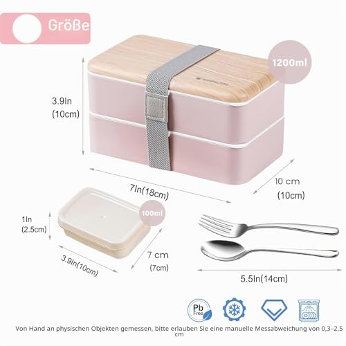 Foto von Original Bento Box Brotdose Lunchbox für Erwachsene/ Kinder mit Fächern Essensbox Bündel Teiler Japanischer Stil mit Ddelstahl Besteck Löffel und Gabel (Rosa)