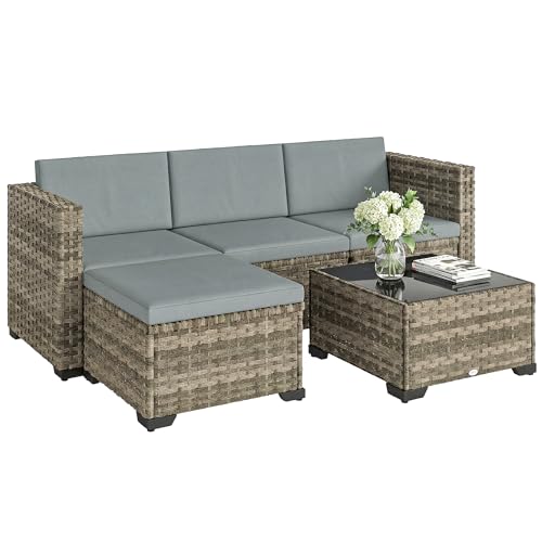 Outsunny Conjunto de Jardín de Ratán de 5 Piezas, Conjunto Terraza Resistente, Muebles Jardín Exterior Incluye Cojines, 2 Sillones de Esquina, Sillón sin Brazos, Reposapiés y Mesa Centro, Gris Claro