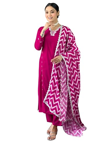 Image of Naixa Women's Gajri Viscose Embroidered Straight Kurta with Viscose Pant and Chiffon Printed Dupatta Sets (NX-447)