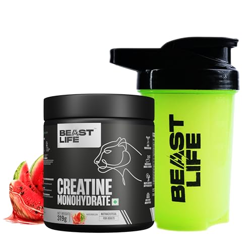 Image of BeastLife Micronised Creatine Monohydrate with Free Shaker | 319 g | 86 Servings | Watermelon | NABL Lab Tested | Rapid Absorption for Muscle Strength & Athletic Performance | Super Micronised Creatine Powder